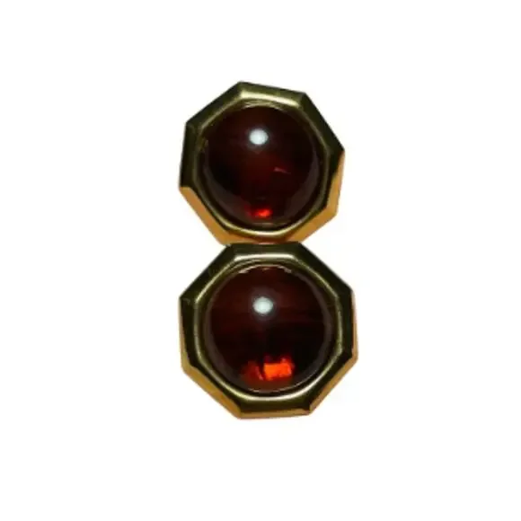 Vintage Style Gold Tone Faux Garnet Earrings Octagon 1" Ornate Dark Academia EUC - Picture 1 of 5